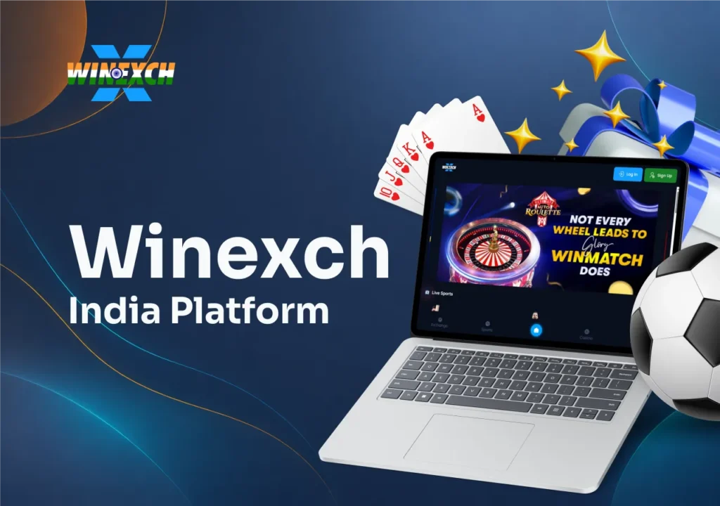 Winexch home screen on a laptop with playing cards, a football, and a bonus gift.